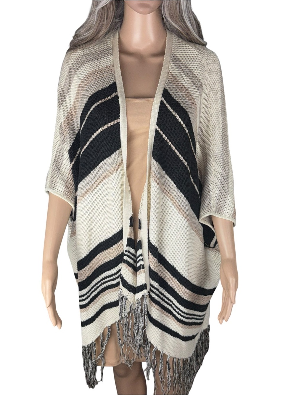 Billabong Knit Striped Fringe Poncho Sweater Open Kimono Cardigan Cream S/M